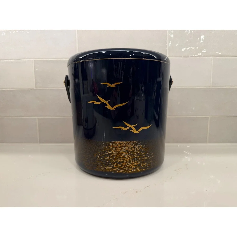 Vintage Otagiri Japan Seagull Ice Bucket Black Gold Lacquer Mid Century Barware‎